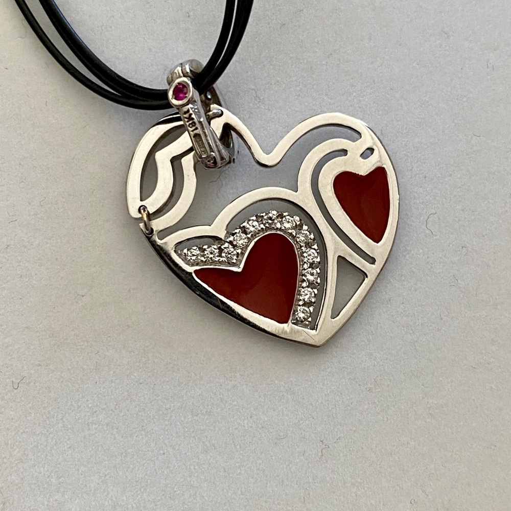 Robert Coin Red Enamel 18k White Gold Diamond & Ruby Heart Pendant.18tw. 15.5”